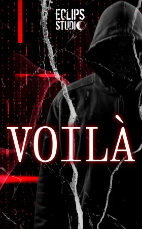 Voilà jaquette du jeu vidéo voilà représentant une silhouette avec une capuche le fond est rouge représentant des chiffres avec un effet de verre brisé