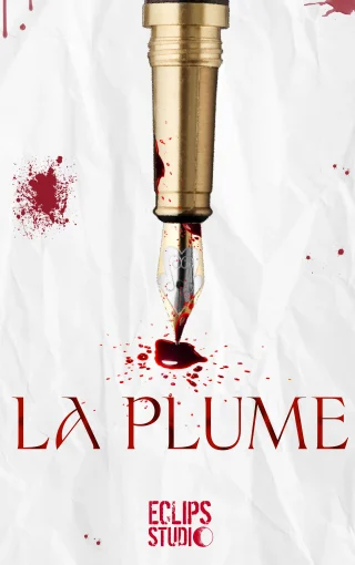 la plume jaquette du jeu : la plume, représentant un fond blanc en texture de papier avec la pointe d'un stylo plume tâché de sang